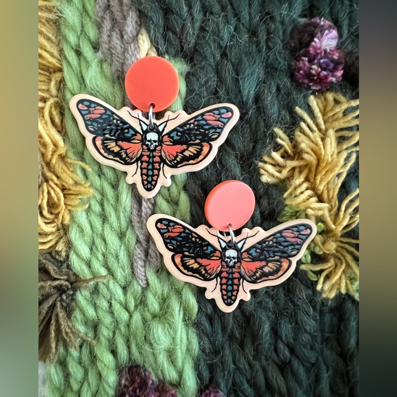 Orange Butterfly & Skull Dangle Earrings - Butterfly Goth Earrings -Emo Earrings - Picture 1 of 6
